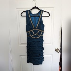 Women's Turquoise & Gold Bodycon Dress with Rhinestones - Size Medium